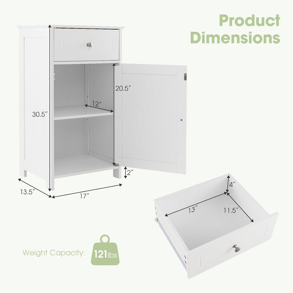 Narrow Bathroom Storage Cabinet, Wooden Freestanding with Drawer, 3-Level Adjustable Shelf H2991