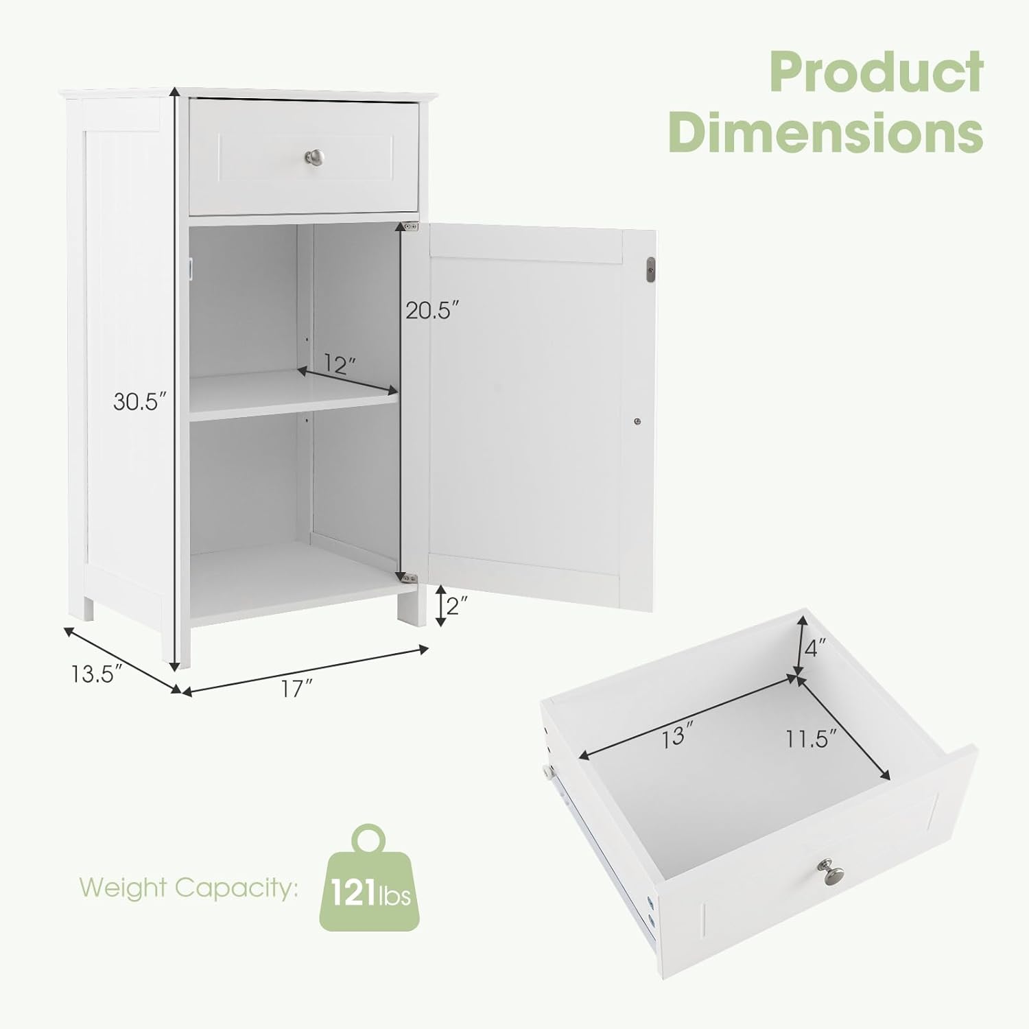 Narrow Bathroom Storage Cabinet, Wooden Freestanding with Drawer, 3-Level Adjustable Shelf H2991