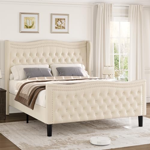 Upholstered Queen Bed Frame with Tall Headboard, Velvet, No Box Spring Needed Y91759