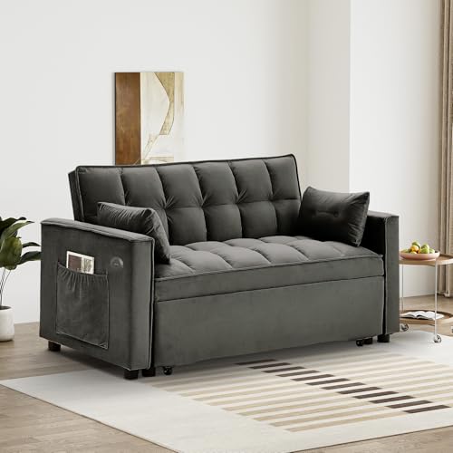 Convertible Sleeper Sofa with Pullout Bed, USB Port, Black Velvet O177