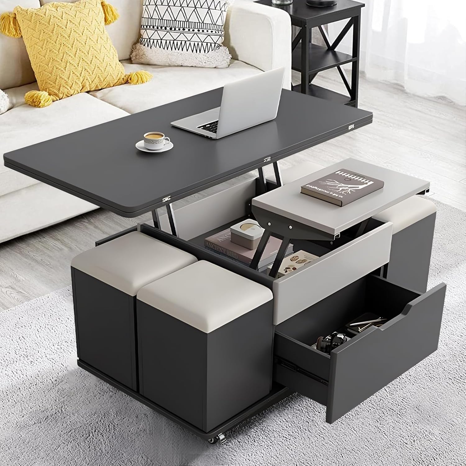 Lift Top Coffee Table,3-in-1 Multi-Functional Center Table, 4 Storage Bench, Height Adjustable Tea Table with Universal Wheel 39.37”Modern Table Dining Table for Living Reception