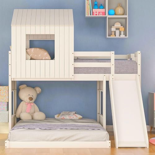 Twin Over Full Bunk Beds with Slide, Roof and Guard Rail, Wooden, White N48341