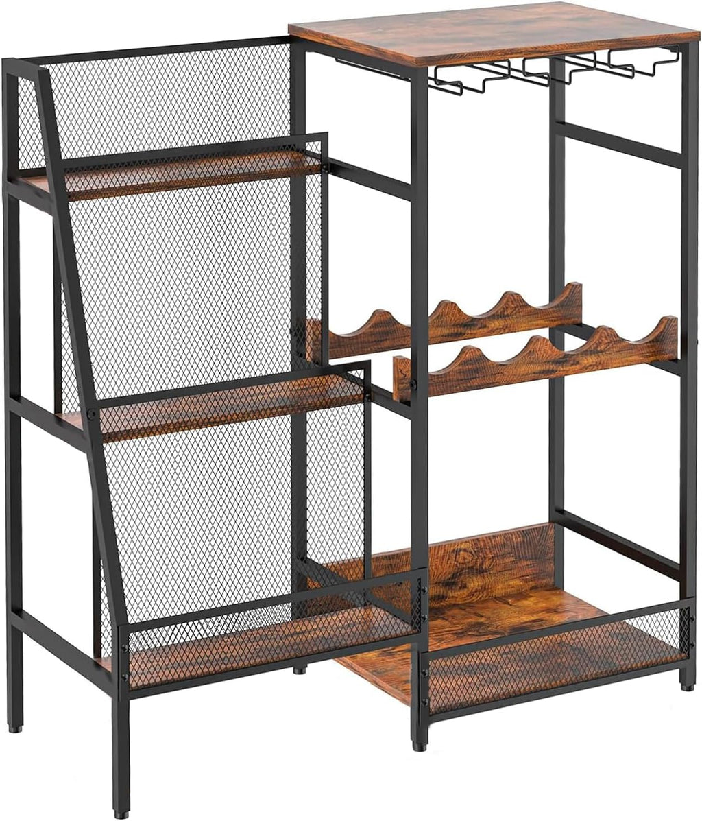 Free Standing Floor Liquor Cabinet with Glass Bottle Holder, 3-Tier Display Shelf, Rustic Brown E213