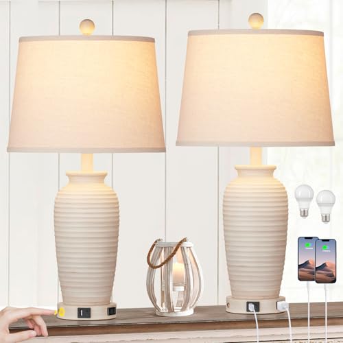 Farmhouse Jar Table Lamps Set of 2, 3 Way Touch Control Rustic Bedside Lamps with USB A+C Ports & AC Outlet, 25" Pot Nightstand Lamps for Bedroom Living Room