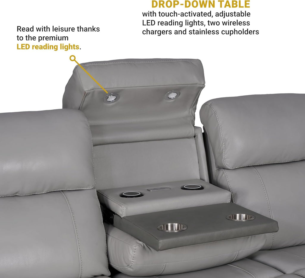 Modern Zero Gravity Power Reclining Sofa with Dropdown Console, 87" Wide, Silver and Gray Leather H4266