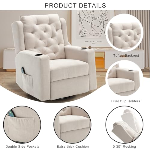 Oversized Swivel Rocker Recliner with Wide Seat Tufted Fabric and Cup Holders K745