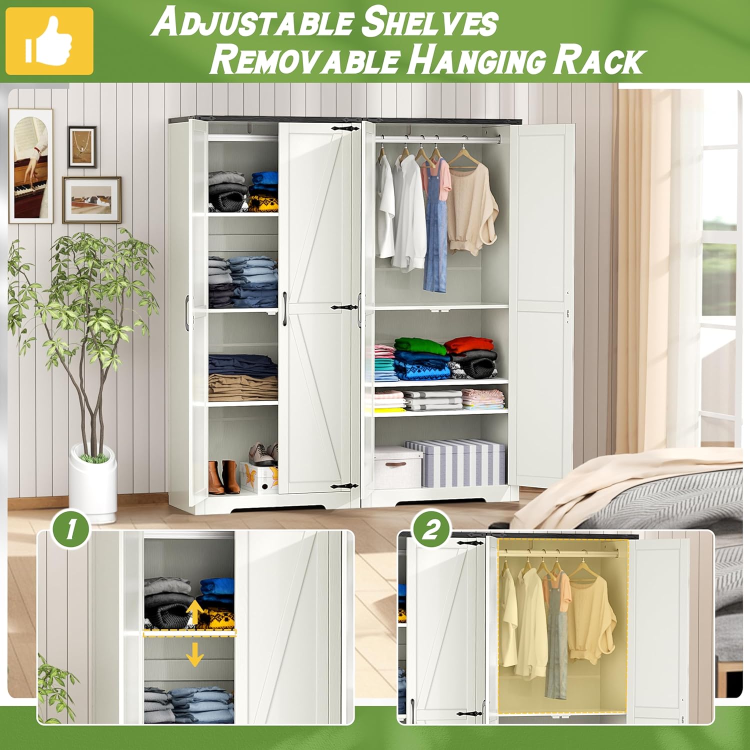 Wardrobe Closet with Doors, 72" Armoire Storage Cabinet with Hanging Rod O8616