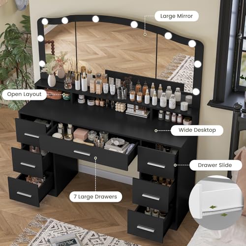 Vanity Desk with Lighted Mirror, 7 Drawers, 3 Lighting Colors, White X572