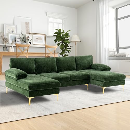 U-Shaped Sectional Couch for Living Room, 110 in Chenille 4 Seater with Double Chaises and Metal Legs T71007