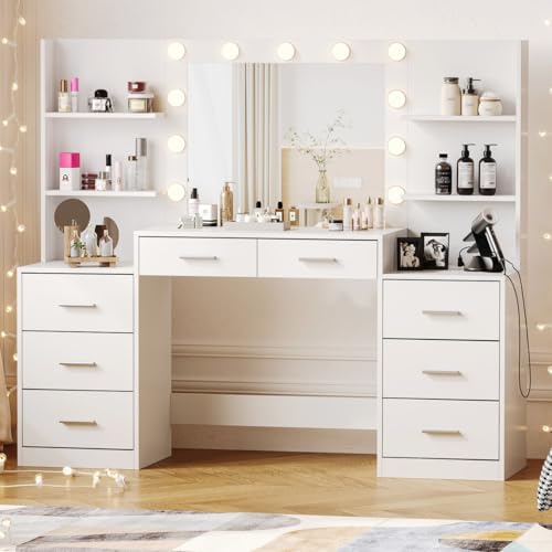 Irontar 61.9" Large Vanity Desk with Mirror & Lights, White Makeup Vanity with Power Outlet, Modern Vanity Table with 8 Drawers & Shelves, 3 Lighting Modes, for Bedroom, Dressing Room