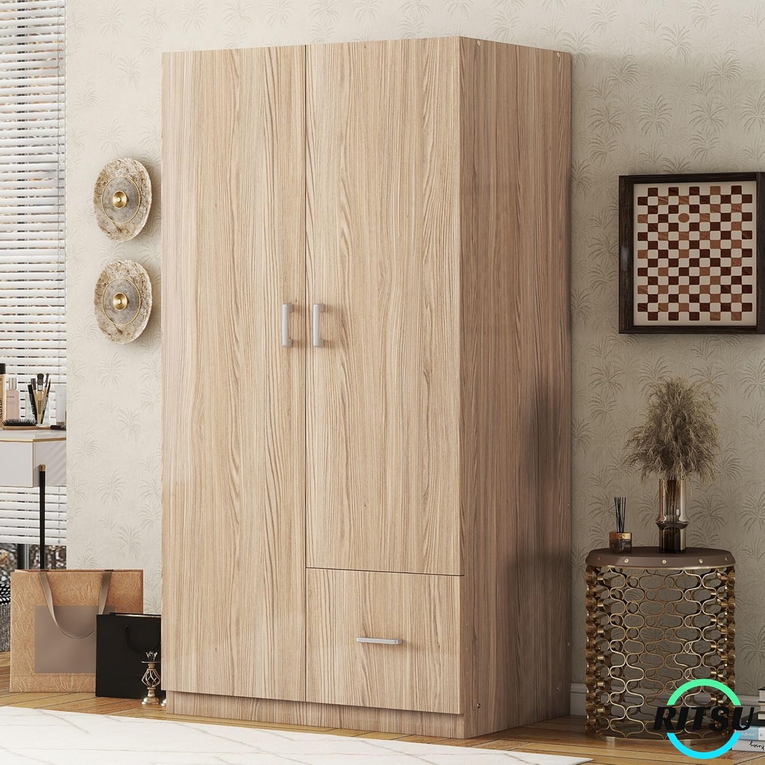 Freestanding 2-Door Wardrobe with 5 Shelves and Hanging Rod W76771