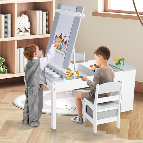 Kids Art Table & Easel Chair Set, 3 in 1 Wood Activity Table with Storage N8178