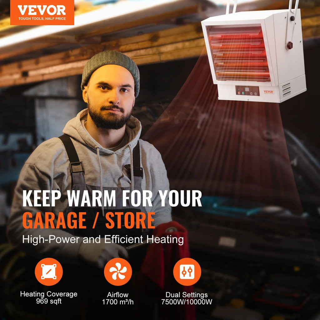 Electric Garage Heater, 10000-Watt Fan-Forced Wall/Ceiling Mount with Remote Control N56978