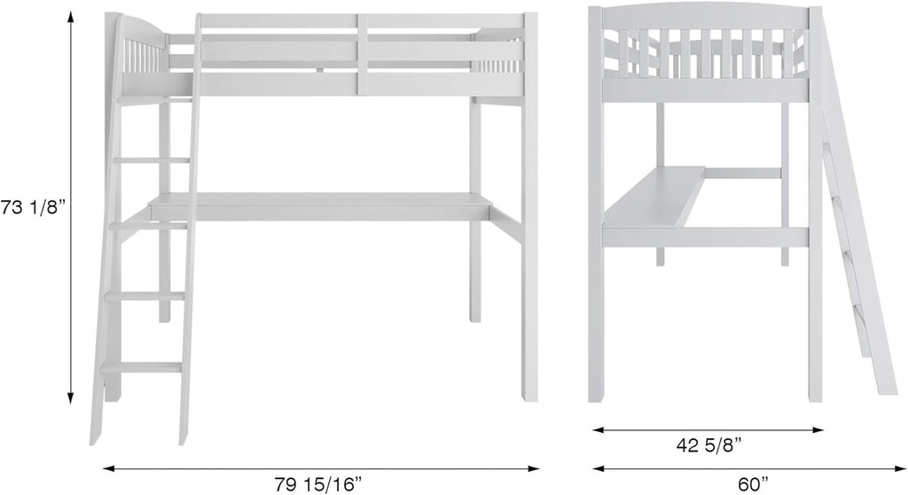White High Loft Bed with Desk and Storage, Solid Wood Twin Size Frame with Stairs for Kids Q3817