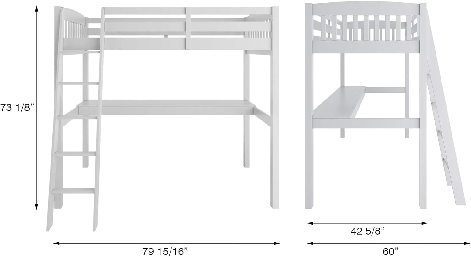White High Loft Bed with Desk and Storage, Solid Wood Twin Size Frame with Stairs for Kids Q3817