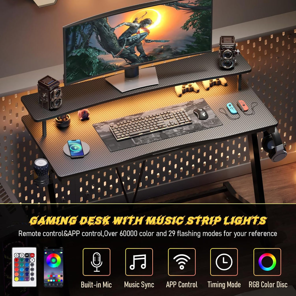 Gaming Desk with Power Outlets & Music Strip Lights, Computer Desk with Monitor Stand N505419