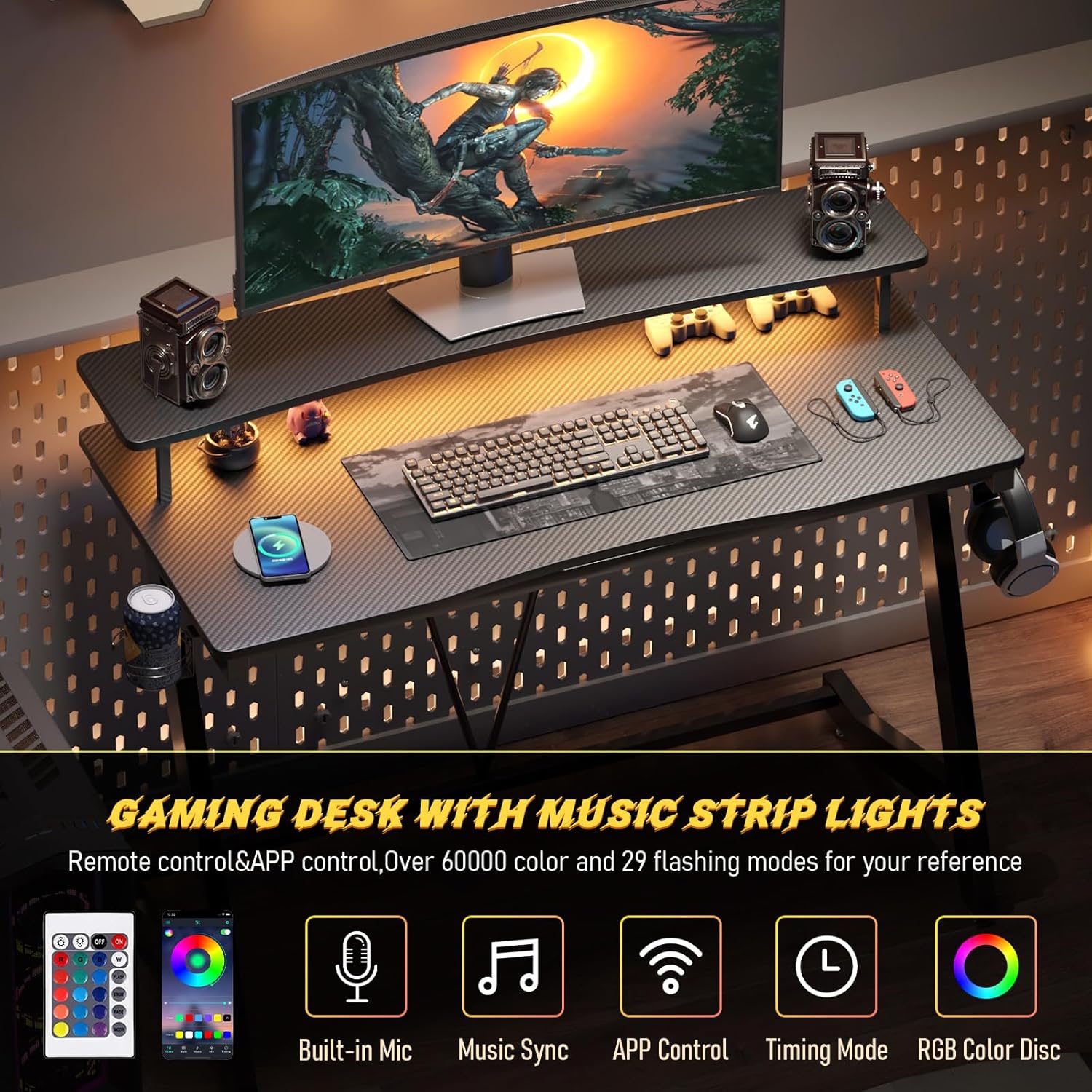 Gaming Desk with Power Outlets & Music Strip Lights, Computer Desk with Monitor Stand N505419