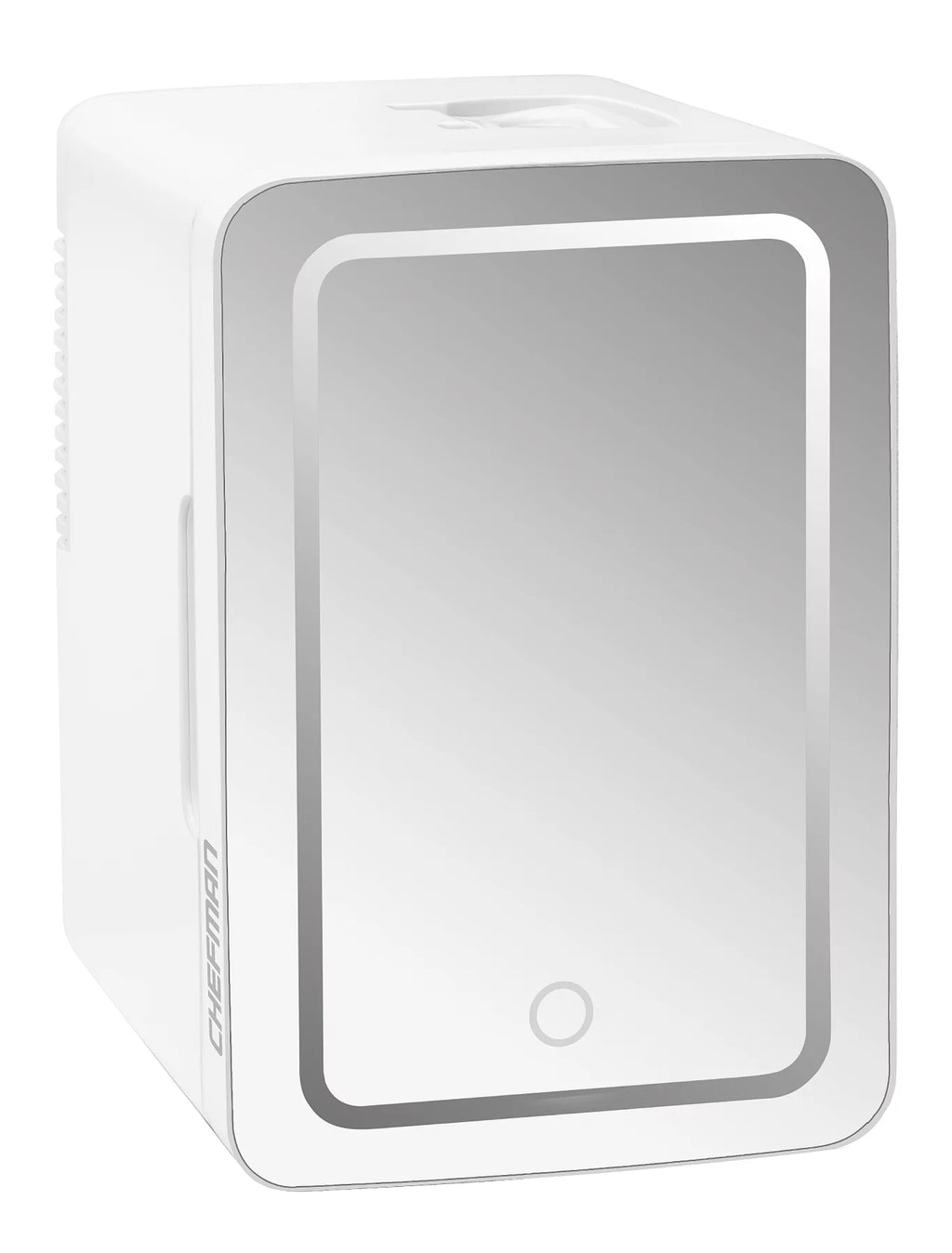Chefman Portable Mirrored 6L Mini Fridge w/ LED Light, Heating and Cooling - White, New