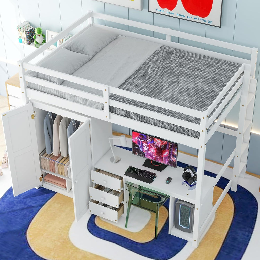 Full Size Loft Bed with Desk & 3 Storage Drawers & Wardrobe Design for Kids Bedroom,Solid Wood Bedframe w/Ladder & Safety Guardrails,No Box Spring Needed & Super Save Space, White