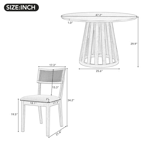 Round Dining Table Set for 4-6 with Upholstered Chairs, Walnut T359