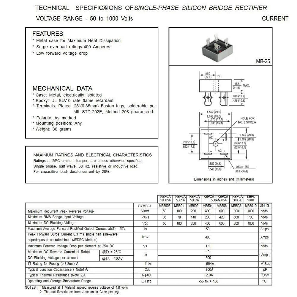 1000V 50A Metal Case Single Phase Diode Bridge Rectifier T70217