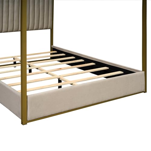 Canopy Platform Bed with Headboard and Metal Frame, Queen Size, Beige P487