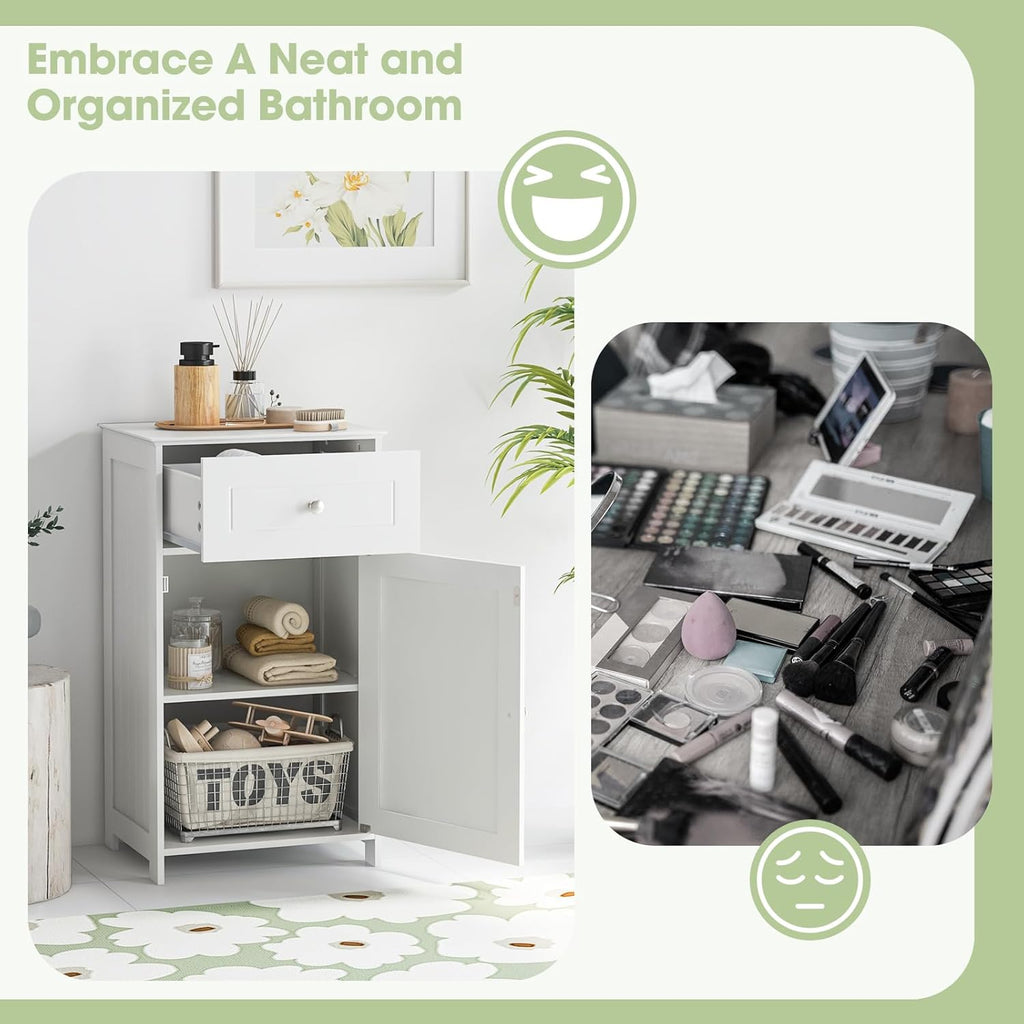 Narrow Bathroom Storage Cabinet, Wooden Freestanding with Drawer, 3-Level Adjustable Shelf H2991