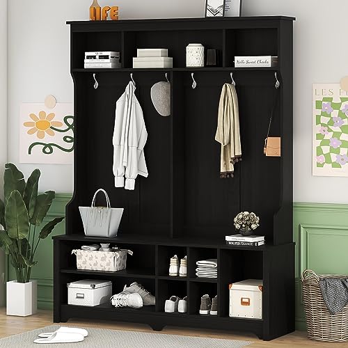 Hall Tree with Storage Bench, 3-in-1 Wooden 60 Inch Mudroom Bench, Farmhouse Entryway Bench for Mudrooms Organization Entryway Living Room(Color:White)