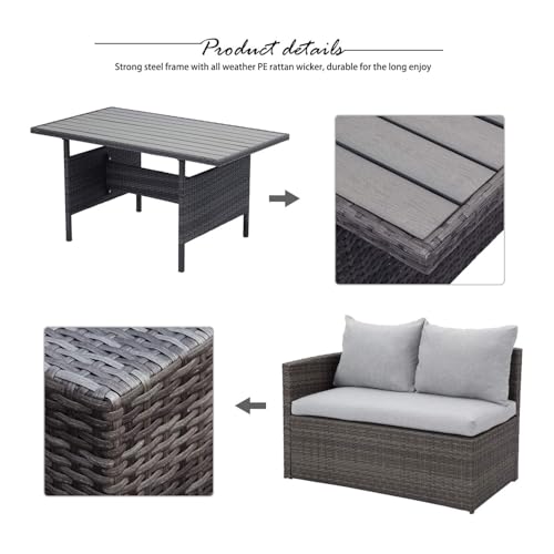 7 Piece Outdoor Patio Furniture Set with PE Rattan Sectional Sofa and Dining Table, Blue A447