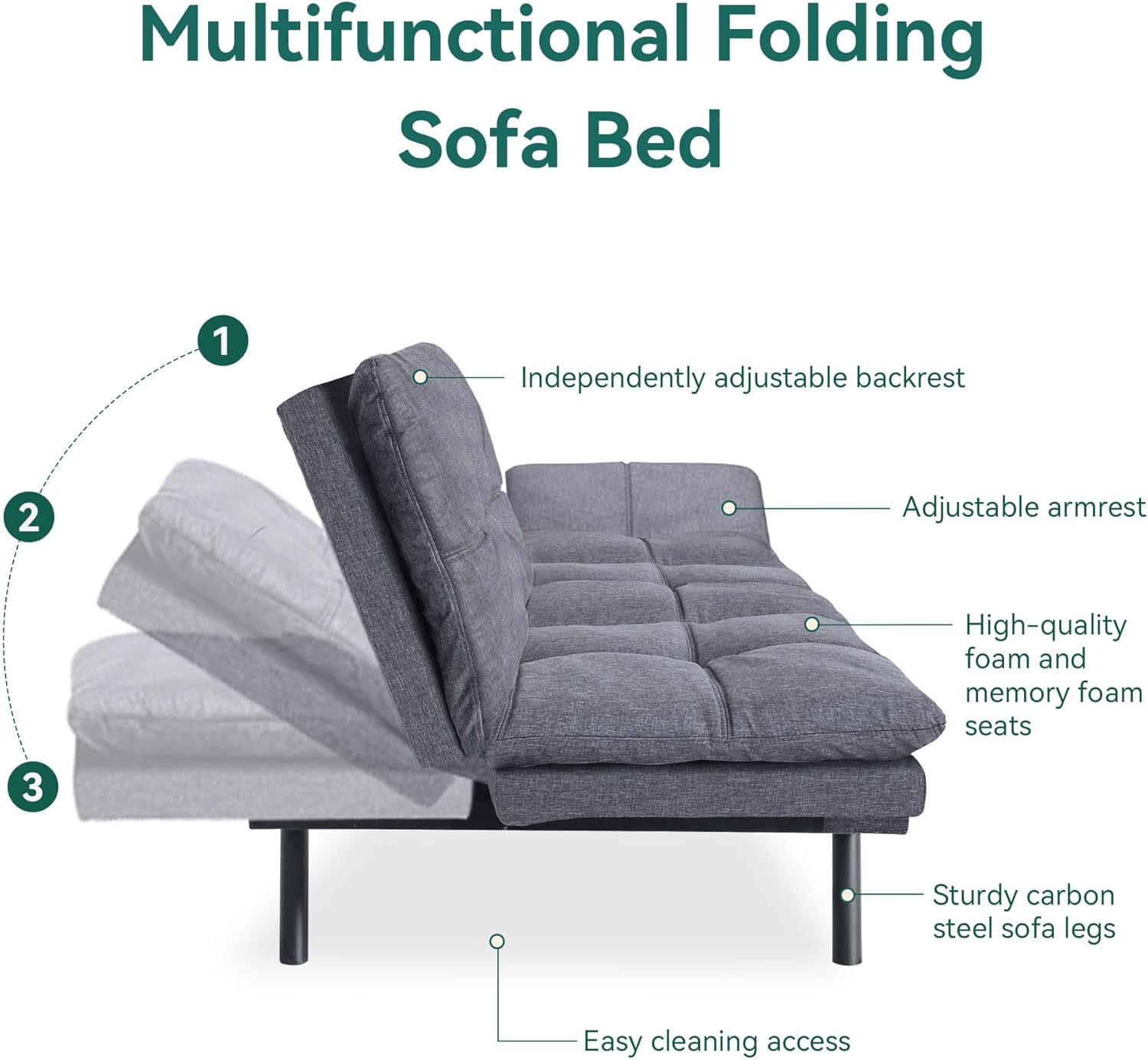 Convertible Futon Sofa Bed, Gray Memory Foam S89012