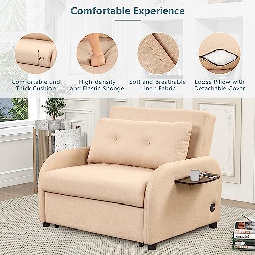 Pull Out Sleeper Chair Convertible Sofa Bed with Adjustable Backrest, Teal X453