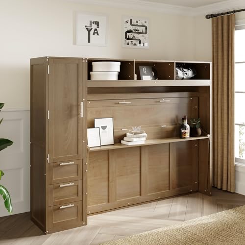 Full Size Murphy Bed with Wardrobe, Solid Wood Wall Bed with Drawers and Open Shelves, Muti-Functional Platform Bed Frame for Kids Teens Adult Bedroom, Space Saving Design (Antique Grey)
