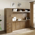 Full Size Murphy Bed with Wardrobe, Solid Wood Wall Bed with Drawers and Open Shelves, Muti-Functional Platform Bed Frame for Kids Teens Adult Bedroom, Space Saving Design (Antique Grey)
