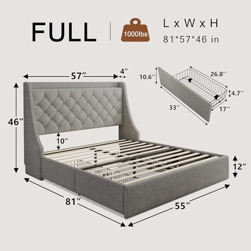 Full Size Upholstered Bed Frame with 4 Storage Drawers and Wingback Headboard I4360