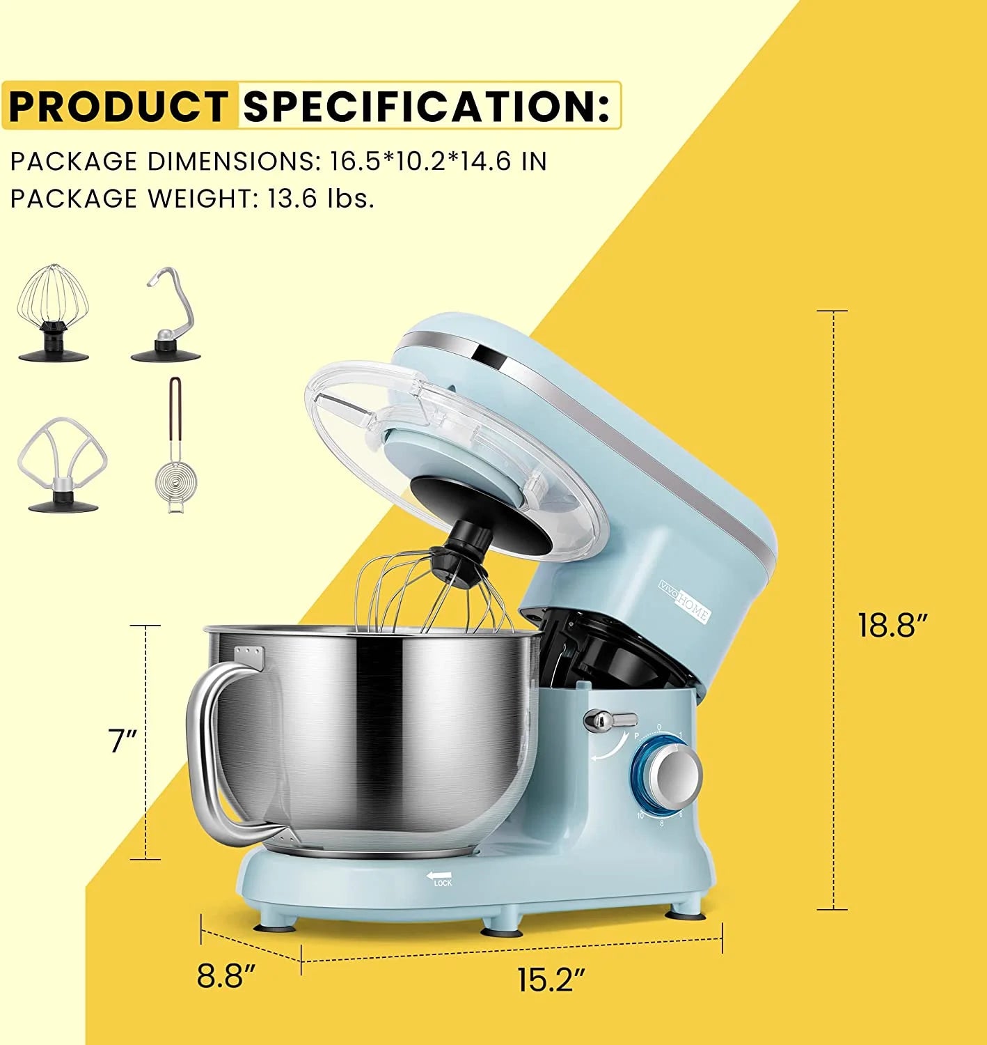 Stand Mixer, 660W 10 Speed 6 Quart Tilt-Head Electric Food Mixer with Beater, Dough Hook, Wire Whip E769