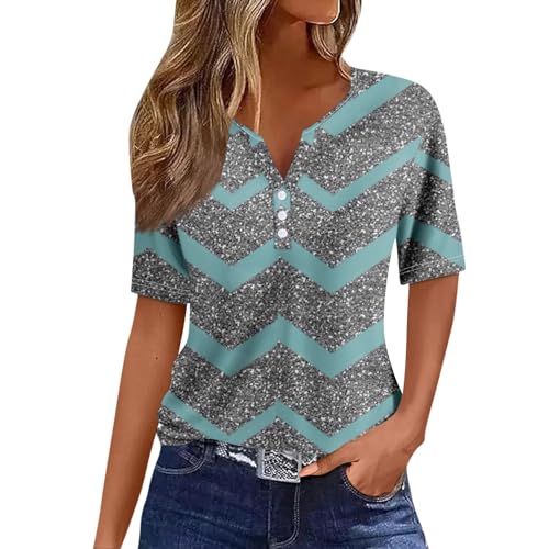 Womens Tops Casual,Womens Trendy Print Button Down Henley V Neck Boho Short Sleeve Shirts Loose Tunic Y2K Tops