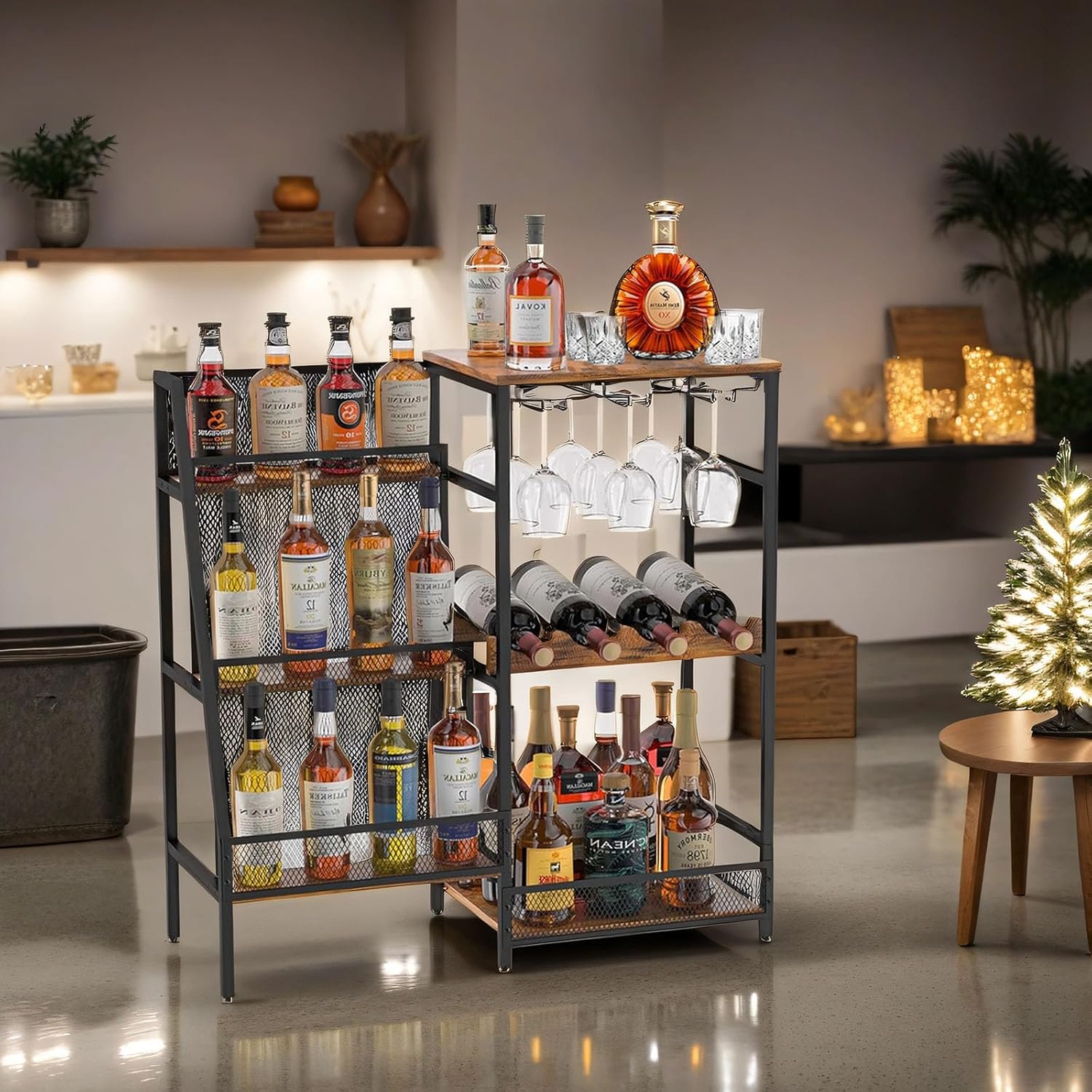 Free Standing Floor Liquor Cabinet with Glass Bottle Holder, 3-Tier Display Shelf, Rustic Brown E213