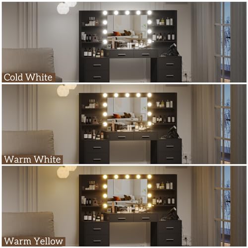 Large Vanity Desk with Mirror and Lights, White Makeup Vanity with Power Outlet, 8 Drawers U4403