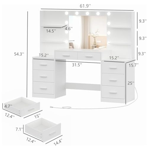 Large Vanity Desk with Mirror and Lights, White Makeup Vanity with Power Outlet, 8 Drawers U4403