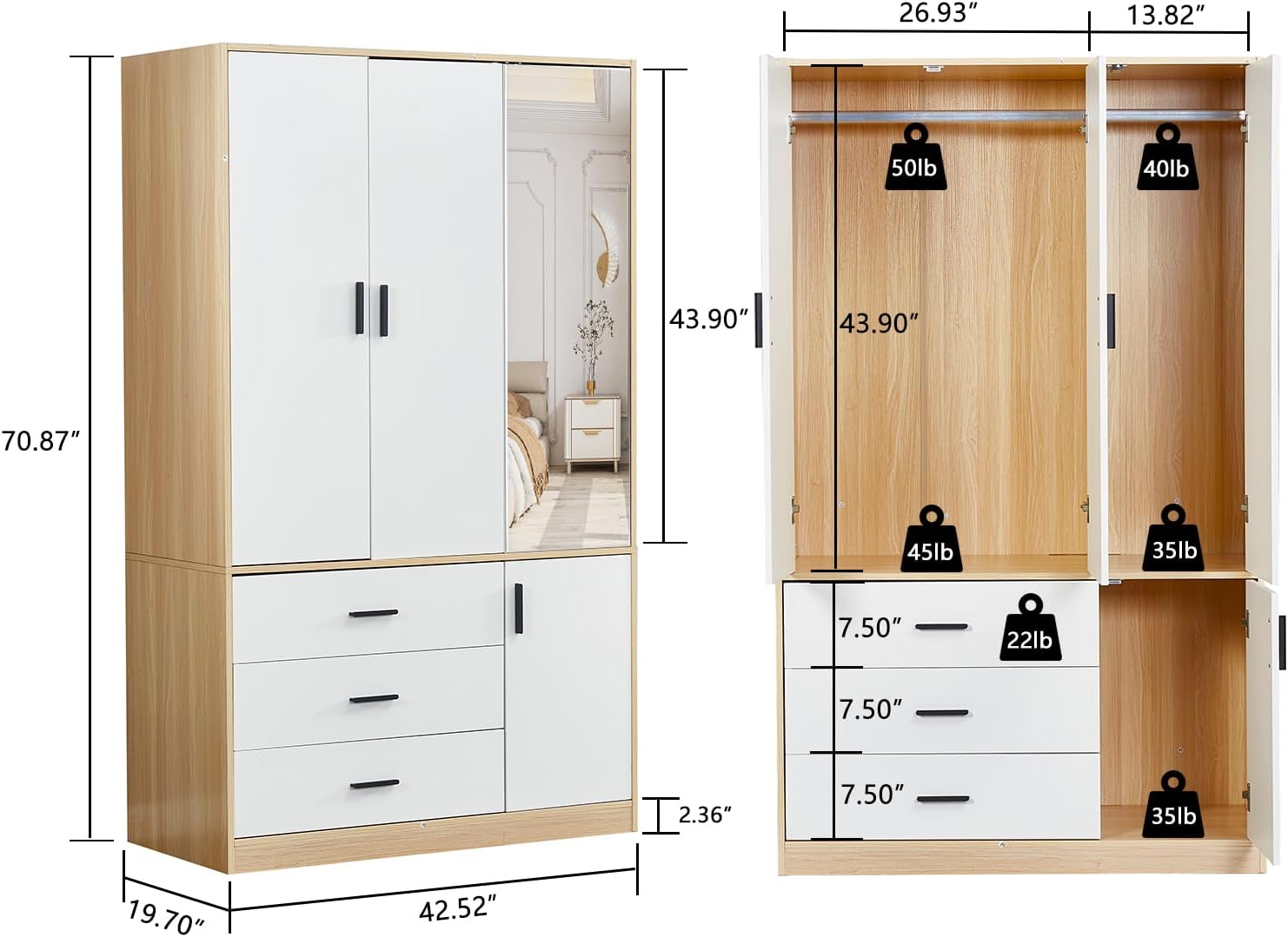 Wardrobe Closet with 3 Drawers, 2 Doors and Mirror K6817