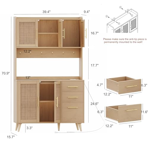 70.9" Kitchen Pantry Cabinet with Microwave Shelf, Rattan Hutch with Charging Station, Tall Floor Cupboard with Drawers and Doors, Black and Natural E348