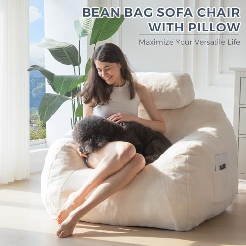 Giant Bean Bag Chair with Pillow, Boucle Sofa for Adults, Large Upholstered Couch B38113