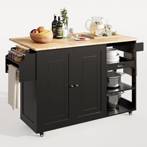 Rolling Kitchen Island with Drop Leaf, Wood Countertop, Storage Cabinet, White Q36361