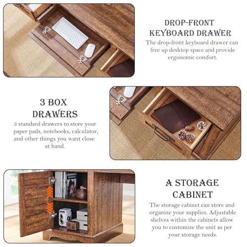 60" Farmhouse Executive Desk with Drawers, Charging Station, Keyboard Tray, File Drawer, Storage Cabinet P5608