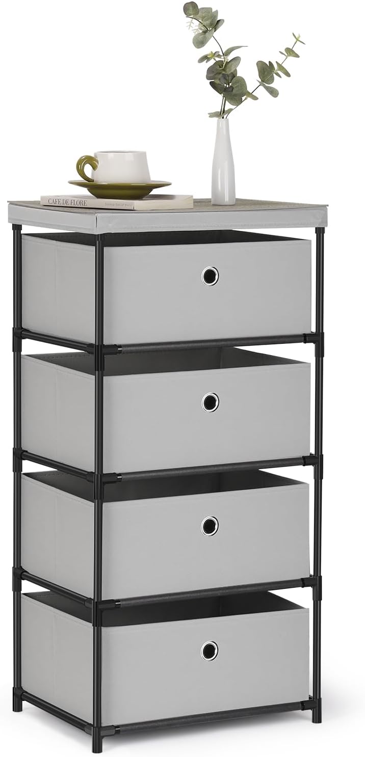 MOOACE Fabric Storage Dresser with Drawers, 4 Drawers Clothes Organizer and Storage Tower for Bedroom, Small Fabric Storage and Chest of Drawers, Light Gray