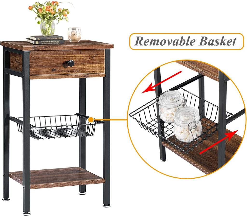 Tall End Side Table with Shelf and Storage Basket, Brown W27090