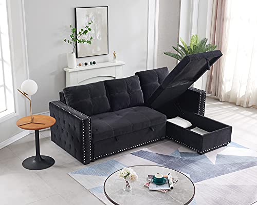 Black Sectional Sofa with Storage Chaise, L-Shaped Sleeper Sofa Bed L629