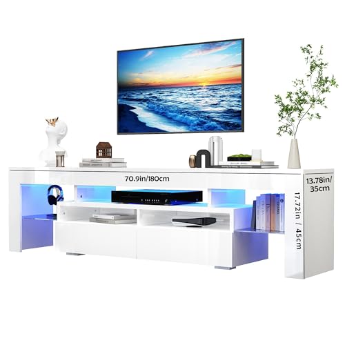 TV Stand for 75/80 inch TV, Modern LED TV Stand with Storage Drawer, RGB Light, White P95722