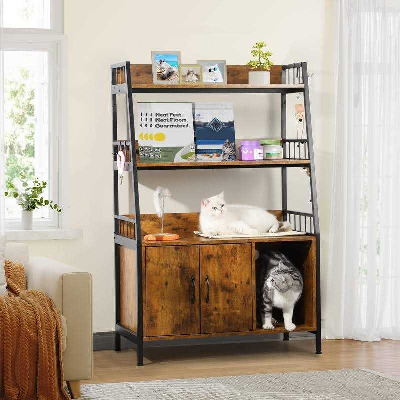 Cat Litter Box Enclosure with Storage Shelves Indoor Wooden Hidden Cabinet I7475