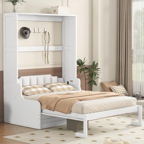 Modern Full Size Murphy Bed with Wardrobe, Versatile Foldable Wooden Bed Frame with Drawers and Open Shelves, Solid Wood Wall Bed for Apartments, Studio Bedroom Use, Space-Saving
